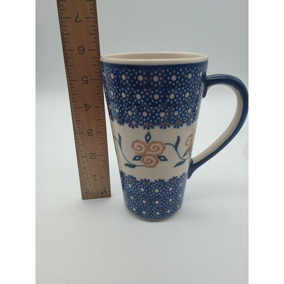 Boleslawiec Polish Pottery Tall Mug Yellow Flower Pattern - 14 oz To Rim - Picture 5 of 7